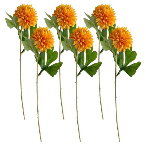 JIHUOO 6 Pcs Orange Chrysanthemum Artificial Flowers Large Fake Chrysanthemum Ball Flowers Faux Hydrangea Flowers Day of the Dead Flowers Decorations