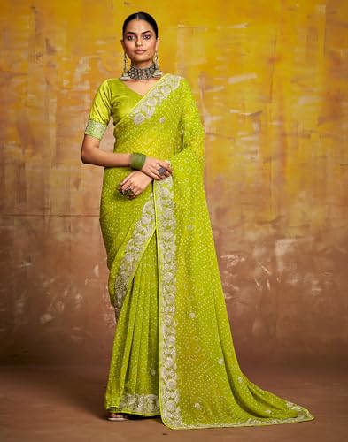 Image of SIRIL Women's Bandhani Printed Georgette Sequence Lace Scalloped Border Saree with Unstitched Blouse Piece
