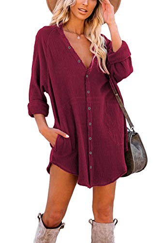 Jar of Love Women's V-Neck Button Down Tunic Shirt with Pockets,XL,Burgundy