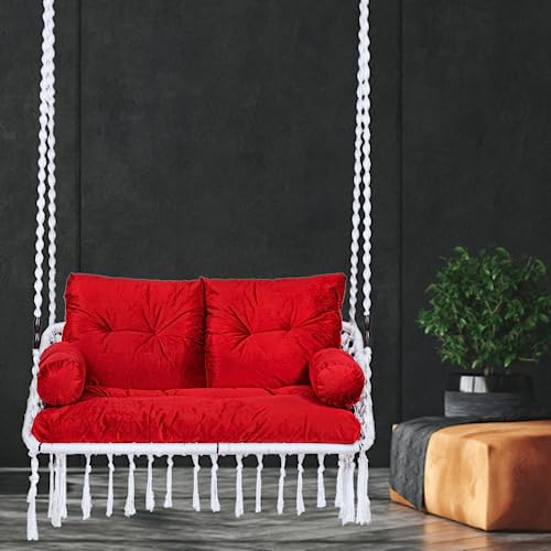 Image of Patiofy Premium White Double Seater Hanging Swing / 2 Seater Swing for Balcony /Double Seater Swing Chair /Swing for Adults for Home for 2 People /Jhula with Red Full Body Sitting Cushion & Hanging Kit