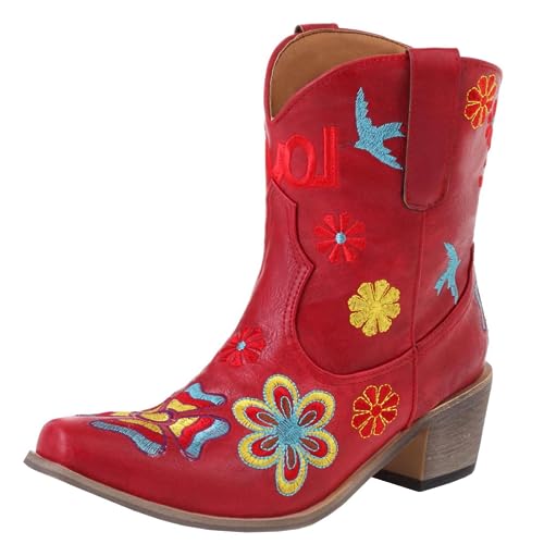 SACFOF Women Flower Embroidered Ankle Cowgirl Boots Square Toe Western Boots Chunky Chunky Mid Heel Short Boots