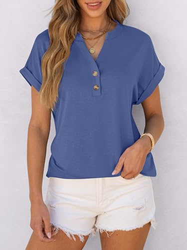 ANRABESS Womens Short Sleeve Henley Tops V Neck Dressy Casual Blouses Summer Trendy Tee Shirts 2025 Vacation Fashion Clothes Blue XX-Large - 4