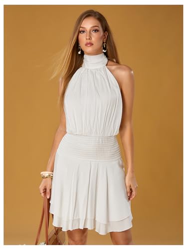 Image of Floerns Women's Summer Mini Dress Sleeveless Halter Backless Ruched Date Night Layered A Line Dresses