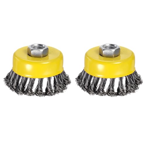 Image of 2 Pcs Twisted Knotted Wire Cup Brush for Angle Grinder - [3 Inch] for Paint Stripping Cleaning Rust Duty Abrasive, 5 /8 Inch-11 Threaded Arbor, .020 Carbon Steel Wire, Yellow