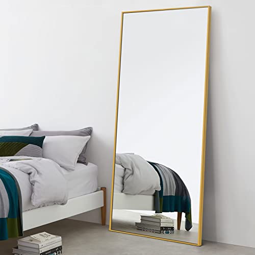 Image of NeuType 71 inchx24 inch Full Length Mirror with Standing Holder Aluminum Alloy Frame Floor Mirror Wall-Mounted Mirror for Living Room, Bedroom, Hanging or Leaning Against Wall, Golden (with Stand)