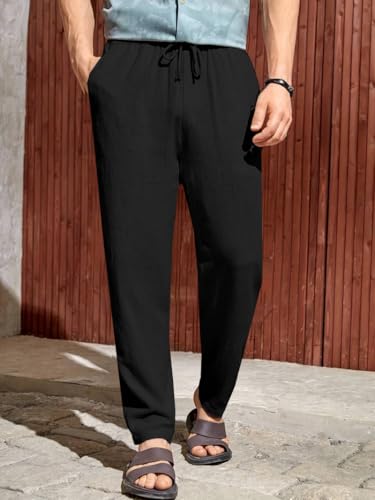 Image of TOPLOT Men's Premium Linen Blend Pants | Lightweight Breathable Fabric | Elastic Waist with Drawstring | Straight Fit | Side Pockets | Perfect for Casual, Holidays & Travel (5268)