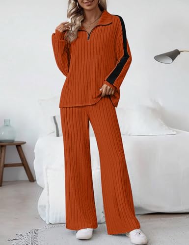 JUSTFASHIONNOW Womens 2 Piece Outfits Ribbed Knit Lounge Sets Cozy Half Zip Sweatsuit Sets Wide Leg Jogger Tracksuits4