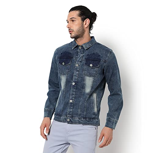 Image of Campus Sutra Men's Medium-Washed Blue Regular Fit Denim Jacket For Winter Wear | Collared Neck | Full Sleeve | Buttoned | Casual Denim Jacket For Man | Western Stylish Denim Jacket For Men