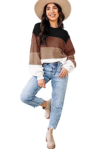 Womens Sweaters Fall 2025 Fashion Long Sleeve Color Block Oversized Sweater Trendy Casual Crew Neck Knitted Tops Pullover2