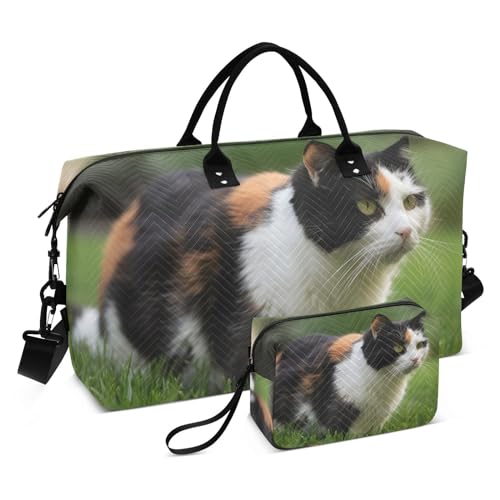 Large Travel Duffel Bag, Cat and Grass Sports Tote Gym Bag, Shoulder Weekender Overnight Bag for Women Men, Carry On Luggage with Toiletry Bags