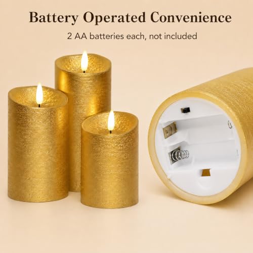 Image of Gold Flameless Candles with Remote Set of 3 Christmas Decor | 3 Inch Diameter, 4 5 6 Inch Heights, Real Wax, 3D Flicker, 8 Key Remote, Timer, 2 AA Each