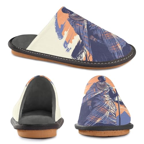 African Tribal House Slippers for Women Men, Warm Slipper Rubber Sole Memory Foam Indoor Outdoor 4-52