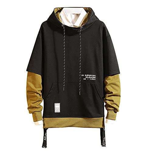 PrettyChic Men's Fashion Hoodies Color Block Pullover O-Neck Casual Patchwork Hooded Sweatshirt,Black,Medium