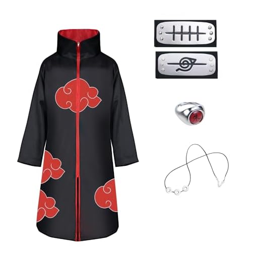 ACWOO Capa de Anime Ninja, 5PCS Set Disfraz de Capa Ninja Cosplay, Abrigo Akatsuki con Diadema Accesorios Traje, Disfraz de Carnaval para adulto y niños, unisex, Halloween, Navidad, fiesta(XL)