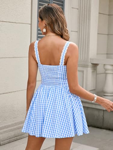Image of Parthea Women's Summer Cute Corset Mini Dress Lace Spaghetti Strap Sweetheart Flowy A-line Gingham Short Dresses