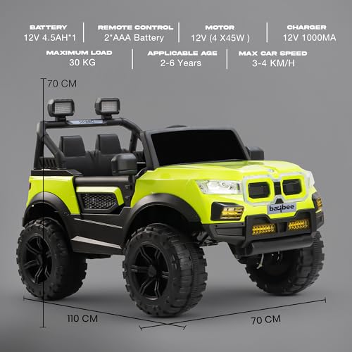 Image of Baybee Bumpy 4x4 Battery Operated Jeep for Kids, Ride on Toy Kid Car with RGB Windshield Light & Music | Baby Big Battery Cars | Electric Jeep Car for Kids to Drive 2 to 6 Years (Fluorescent Green)