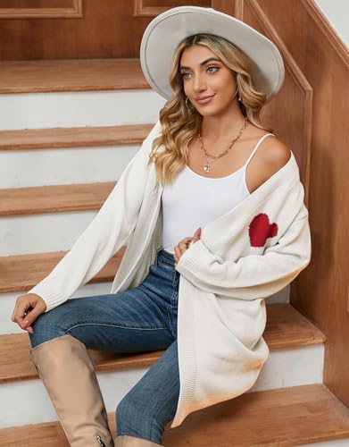 Image of Alsol Lamesa Women's Long Sleeve Cute Cardigan Sweaters V Neck Open Front Ribbed Knit Valentines Sweaters Coat, Medium, 785 White&red