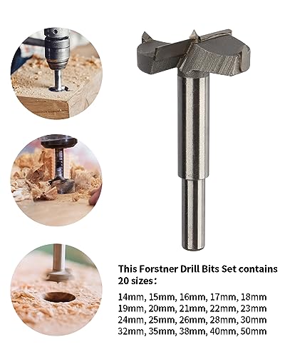 20Pcs Forstner Drill Bits, Rocaris Tungsten Steel Woodworking Hole Saw Set, Wood Cutter Auger Opener Round Shank Drilling Cutting Tool (14Mm-50Mm) #TOP2