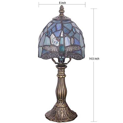 Rhlamps Small Tiffany Lamp Sea Blue Stained Glass Dragonfly Style Table Lamp 14" Tall Luxury Mini Accent Lamp, Memory Bedside Lamp For Bedroom Living Room Study #TOP2