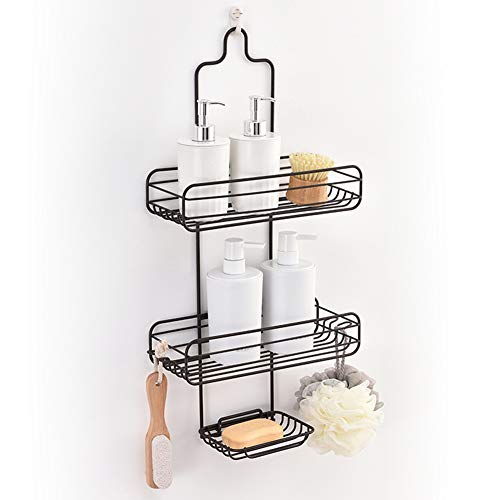 FZX514 Mensola Bagno in Ferro Battuto con 2 Ripiani, Scaffali Senza Foratura,Ideale per Riporre Shampoo e Bagnoschiuma(caffè Nero)