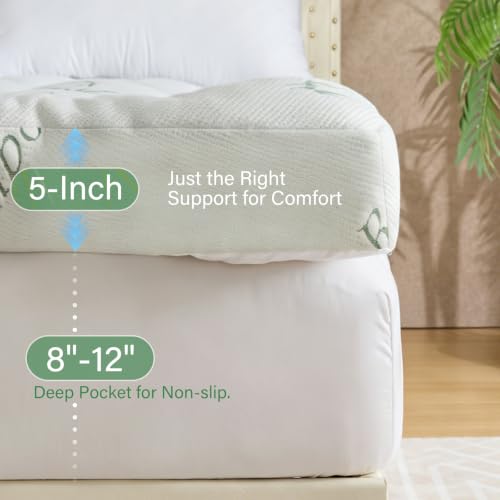 Image of WhatsBedding 5 Inch Memory Foam Mattress Topper Full for Back Pain Relief, Cooling Bamboo Viscose Air Layer, Supportive Pillow Top Mattress Topper, 8-18in Deep Pocket