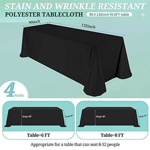 REWOMC 4 Pack Black Tablecloths for 8ft Rectangle Tables 90 x 132 Inch - Polyester Table Cover Stain and Wrinkle Resistant Washable Fabric Table Clothes for Wedding Party Banquet Reception Restaurant by REWOMC - Image 2