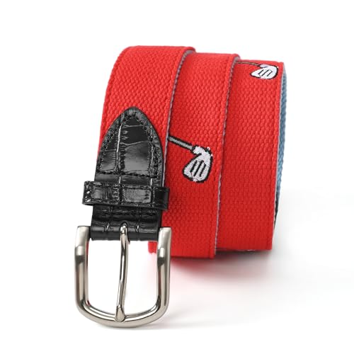 Mile High Life Cintos de golfe masculinos, cinto de lona com pontas de couro genuíno, cinto bordado