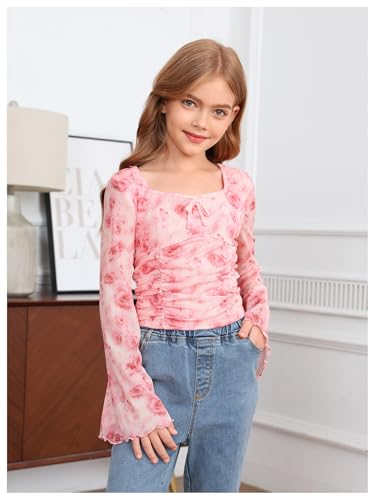 Image of Verdusa Girl's Floral Print Square Neck Lettuce Trim Long Bell Sleeve Ruched Tee Top