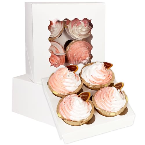 Gcardist Cajas emergentes automáticas para 4 cupcakes con ventana, blancas, 12 unidades, cajas para cupcakes 16 x 16 x 7,6 cm, cajas de panadería para portacupcakes, contenedores para cupcakes
