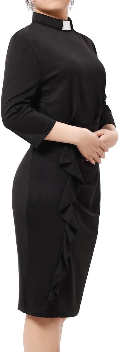 BLESSUME Catholic Church Women Clergy Tab Collar Dress Black Mass Sheath Dress - Image 5
