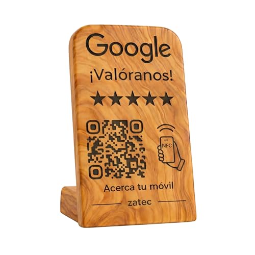zatec Soporte para Reseñas Google con NFC + QR – Madera de Olivo Artesanal – Aumenta Valoraciones – Ideal para Restaurantes y Comercios