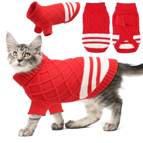EMUST Dog Sweater, Warm Cable Knit Cat Sweater with Turtleneck, Soft Elastic Pullover Dog Sweaters for Small Medium Large Dogs, Classic Knitwear Puppy Kitten Sweater for Fall&Winter (XX-Small, Red)