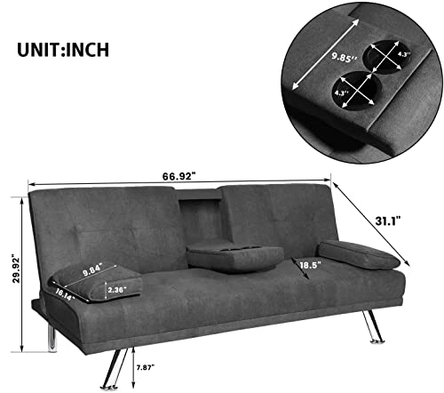 Dklgg Futon Sofa For Living Room, Modern Convertible Sofa Bed Couch With 2 Cup Holders W/Removable Armrest, Apartment Folding Sofa Couch For Small Spaces, Easy To Assemble(Dark Gray) #TOP1