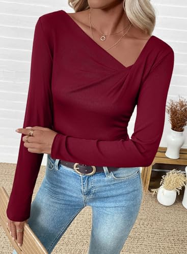 EVALESS Women Long Sleeve Pleated V Neck Rib Knit Slim Fit Shirts Basic Tops 2025 Casual T-Shirt Going Out Workout Outfits4
