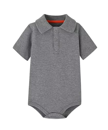 Image of Teach Leanbh Baby Boys Pure Color Cotton Short Long Sleeve Polo Bodysuit 3-24 Months (Grey, 6 Months)