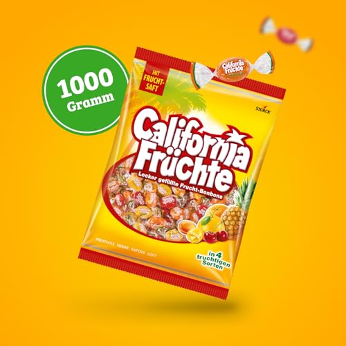 California Früchte – 1 x 1000g Vorratspackung – Gefüllte Bonbons mit Fruchtsaft – In vier verschiedenen Sorten