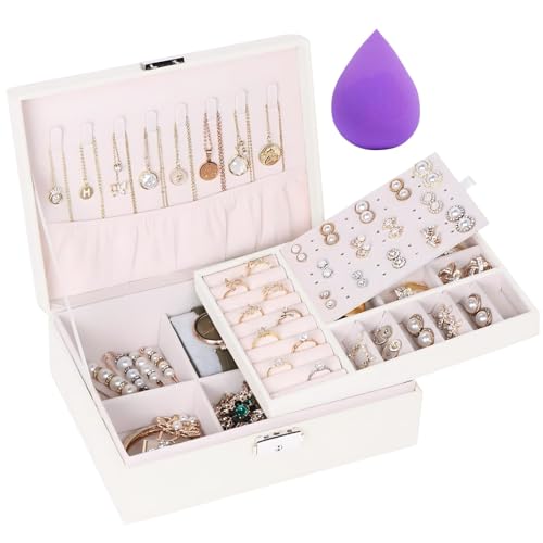 Image of OCEANEVO Jewellery Organiser Box WITH Makeup Sponge, Jwell Organizer Storage Box with Lock, Earrings, Necklace Organizer for Women - 23 x 17 x 8.5 Cm - White - 1 Year Warranty