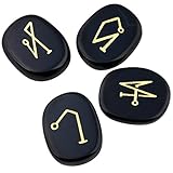 mookaitedecor 4 Piece Black Agate Stones Engraved Angel Symbols Polished Palm Stones for Reiki Crystal Healing