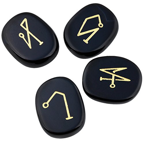 mookaitedecor 4 Piece Black Agate Stones Engraved Angel Symbols Polished Palm Stones for Reiki Crystal Healing