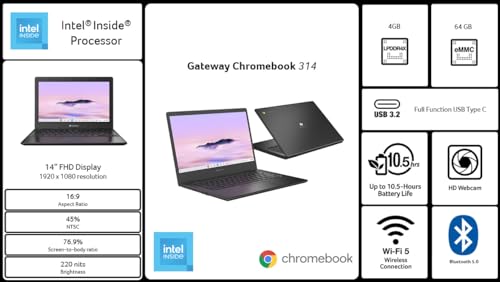 acer Laptop Gateway Chromebook 314 CBO314-1H-C476 | Intel Celeron N4500 | Tela Full HD de 14 polegadas (1920 x 1080) | 4 GB LPDDR4X | 64 GB eMMC | Wi-Fi 5 802.11ac | Chrome OS | Estrela preta