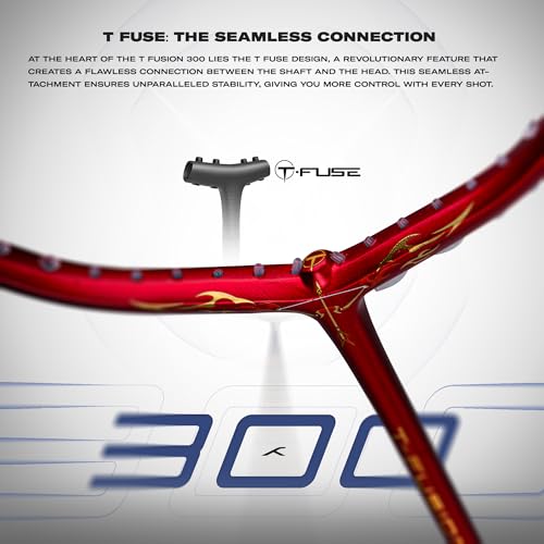 Image of Hundred T-Fusion 300 Unstrung Badminton Racket with Full Cover | 83 Grams | Maximum Tension ≤32 to 34 lbs (Red)