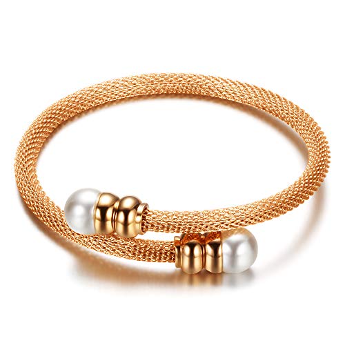 Classic Ladies Stainless Steel Twisted Cable Bangle Bracelet with Synthetic White Pearl