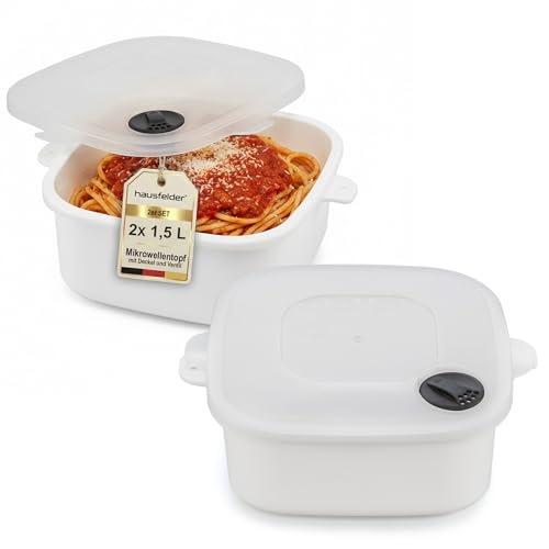 Hausfelder Mikrowellengeschirr Set 1,5 Liter zum Aufwärmen, 2 Stück Mikrowellenschüssel mit Deckel & Dampfventil, Kunststoff BPA-frei, Mikrowellendose