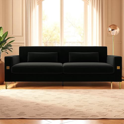 KEIKI 86 Oversized Luxury Velvet Sofa with Armrest and Removable Plush Cushions Minimalist Gold Accents 3-Seater Couch with Solid Legs Easy Assembly for Living Room Bedroom Apartment Black