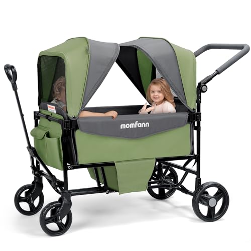 Stroller Wagon for 2 Kids with Canopy, Foldable All-Terrain Wagon Stroller with Adjustable Push/Pull Handle, Parent Organizer, 5-Point Harness, Ideal for Travel & Outdoor Adventures, Meadow Green