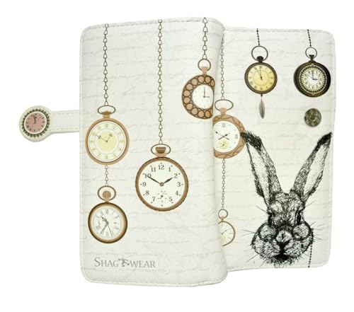 Shag Wear Pocket Watch and Rabbit Large Women’s Wallet, Vegan Faux Leather Bifold with Card Slots, Bill Compartments and Secure Snap Closure in Beige 7"