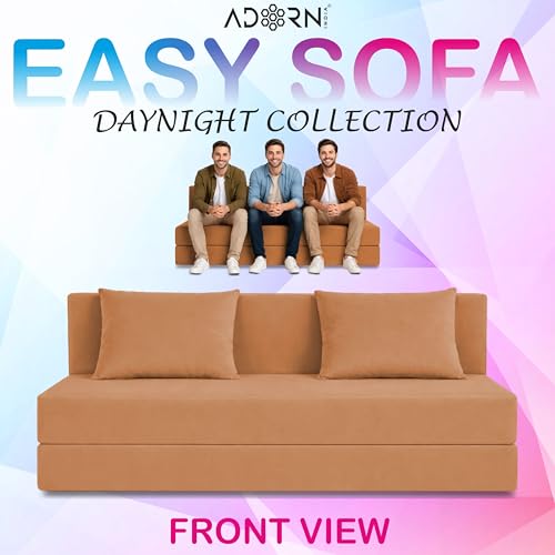 Image of Adorn India Easy 3 Seater Sofa Cum Bed | Velvet Fabric | Tan | Plain Design | 6x5 Ft | Comfortable Seating | Washable Cover | Perfect for Home & Office