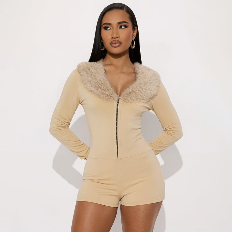 Womens Sexy Faux Fur Romper Deep V Neck Buckle Long Sleeve Shorts Jumpsuit Y2K Bodycon Club Outfit Going Out - Image 2