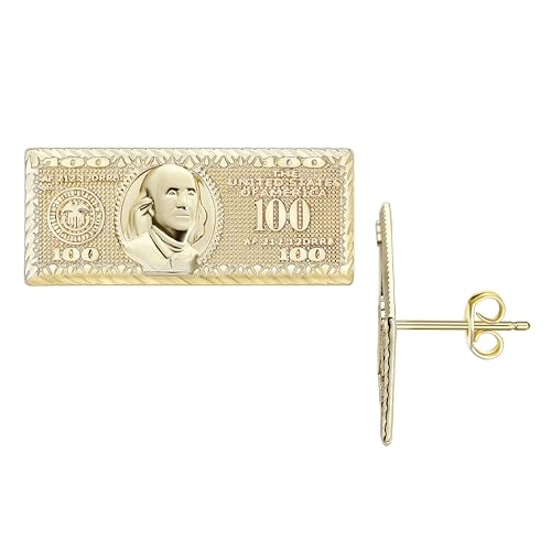 14k Gold Plated Rough Textured Cookie Nugget Stud Earrings Classic 100 Hundred Dollar Bill Money Stud Earrings For Men/Women Unisex