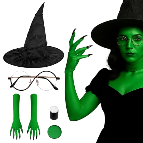 Halloween Witch Costume Set – 5PCS Elphaba Cosplay Kit with Witch...